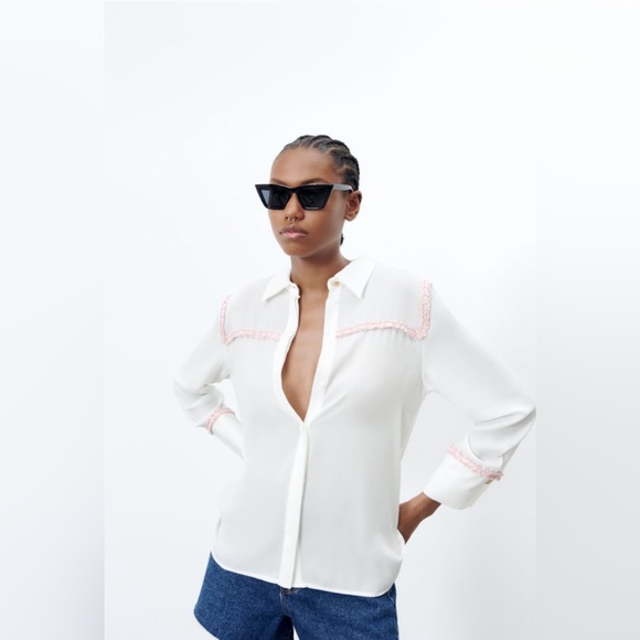 Zara white chiffon blouse with pink tweed textured detail - Picture 2 of 9